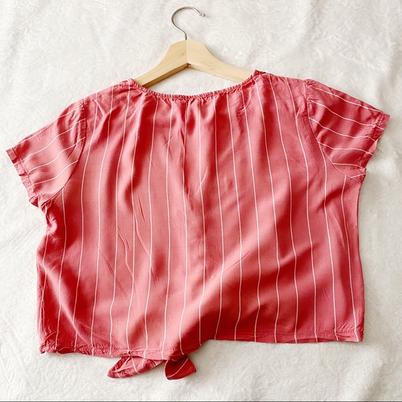 Pink & White Stripe Button Down Tied Waist Crop Top - Picture 5 of 8